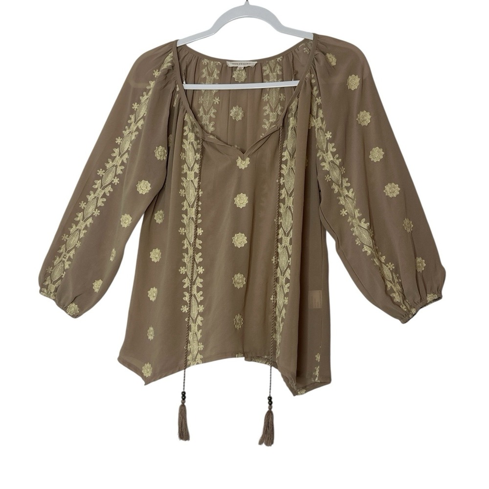 Solitaire By Anthropologie Women's Large Tan Beige Embroidered Floral Sheer